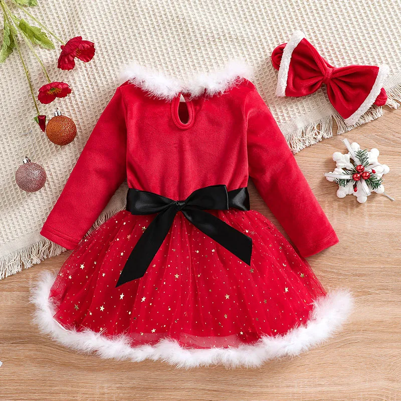 MILANCEL New Christmas Day Kids Dress 12M-5Y Children Red Sequined Princess Dress +Headwear Girls Outwear Clothes