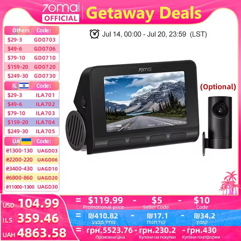 מצלמת רכב 70mai Dash Cam 4K A810 Ultra HD GPS ADAS 150FOV HDR תומכת בזיהוי תנועה דו-ערוצית 70mai A810 Car DVR LTE 4G תואם