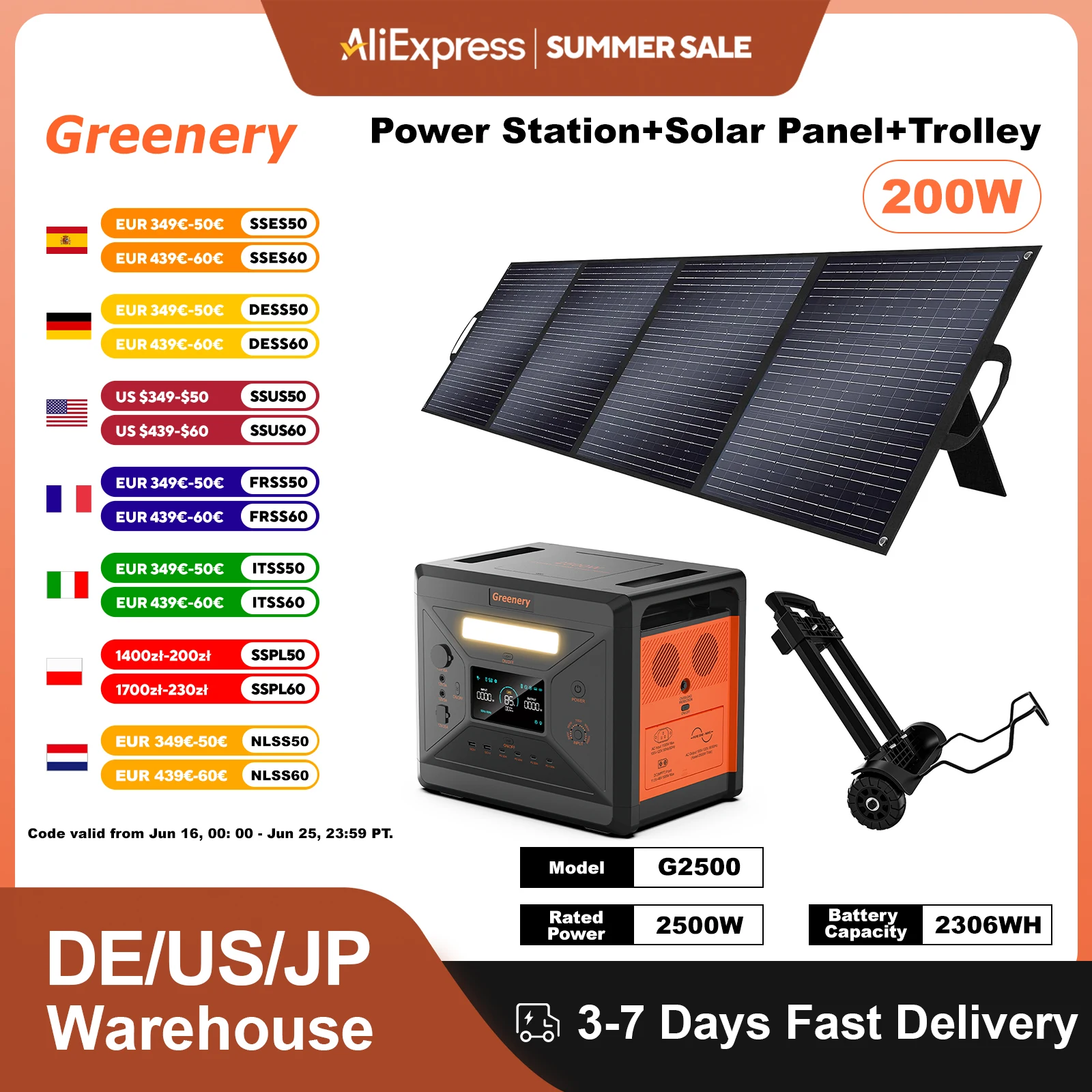 

Greenery G2500 Portable Outdoor Generator 2500W MPPT Power Station with 1/2 X 200W Folable Solar Panels Trolley For RV Camping