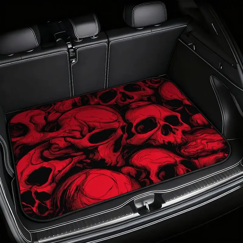 VIKAMA Red Skull Car Trunk Mat Non Slip Waterproof SUV Rear Cargo Liner Horror Skeleton Auto Decor Protector Mat