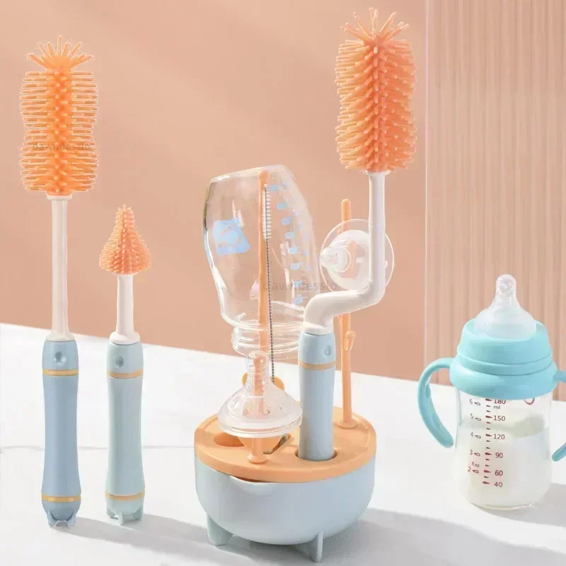 360 Degree Rotation 3 in 1 Silicone Baby Bottle Pacifier Brush Wash Water Cup Container Straw Cleaning Set Soft Rubber Cup Brush