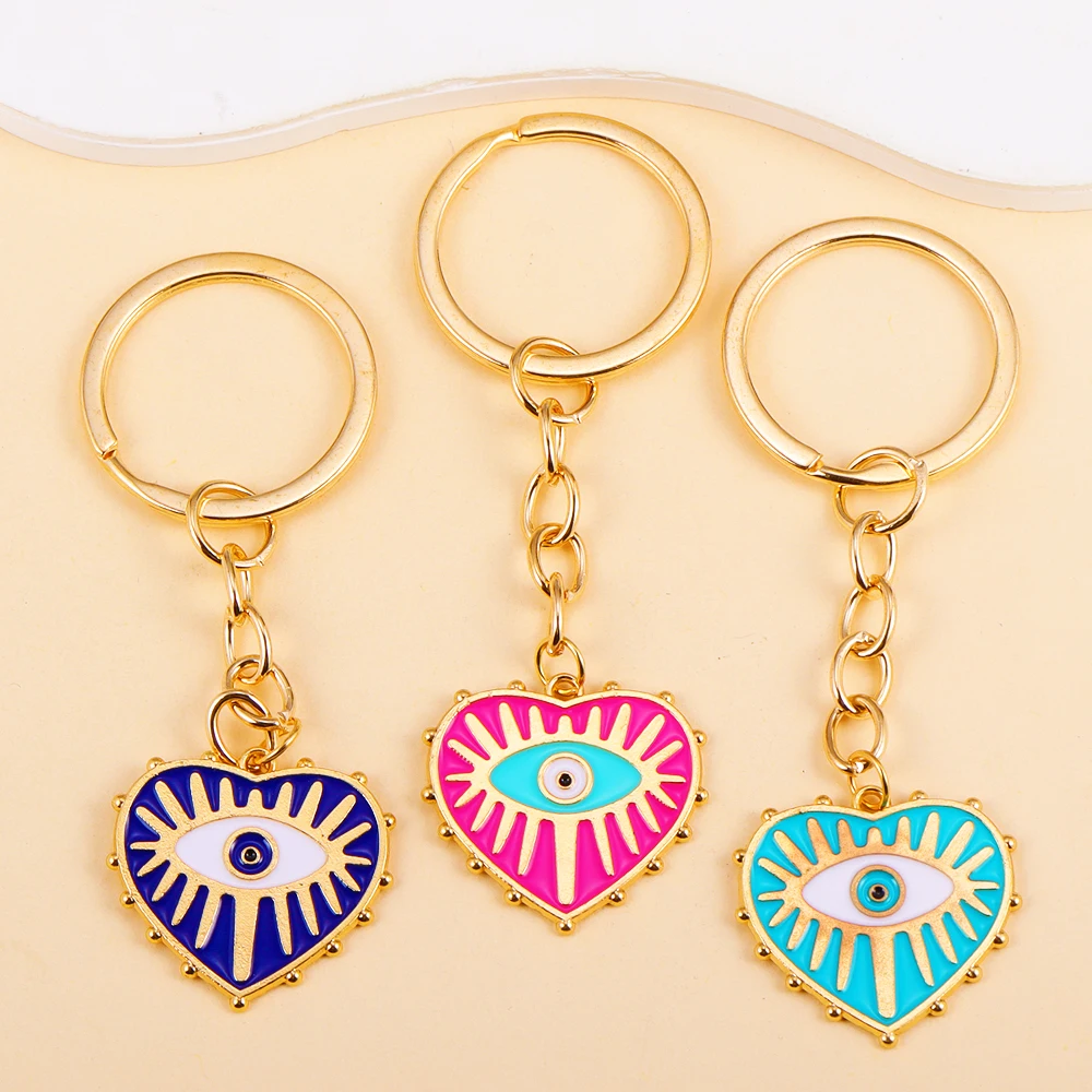 5Colors Vintage Alloy Enamel Heart Turkish Evil Eye Pendants Keychain For Women Men Car Key Bags Hanging Keyring Souvenir Gifts