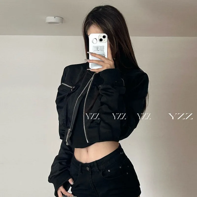 신상품 여성용 재킷 야구 져지 지퍼 크롭 코트 하이웨이스트 슬림 숏 코트 봄 가을 긴팔 아우터웨어 탑 블랙