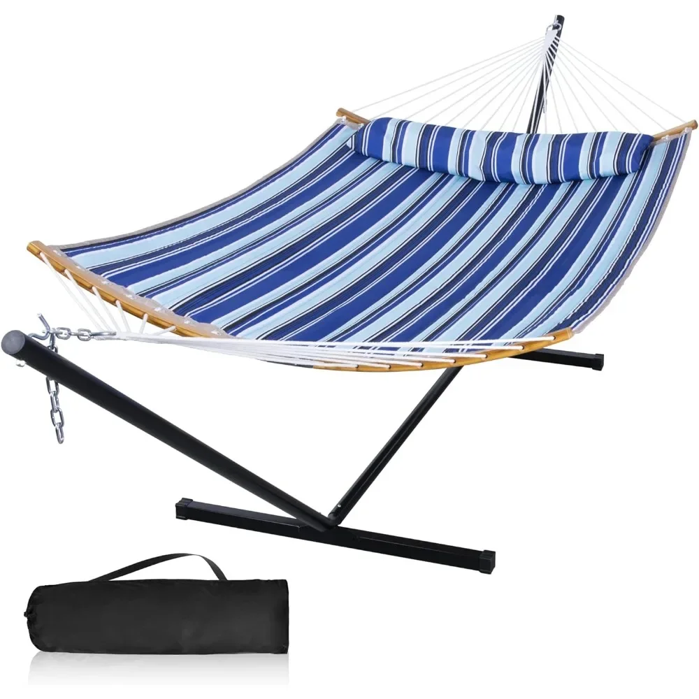 

12 Ft Yard Hammock with Stand,2 Person Hammock Freestanding with Curved Spreader,Large Hammocks Heavy Duty 450 lbs,Blue Stripes