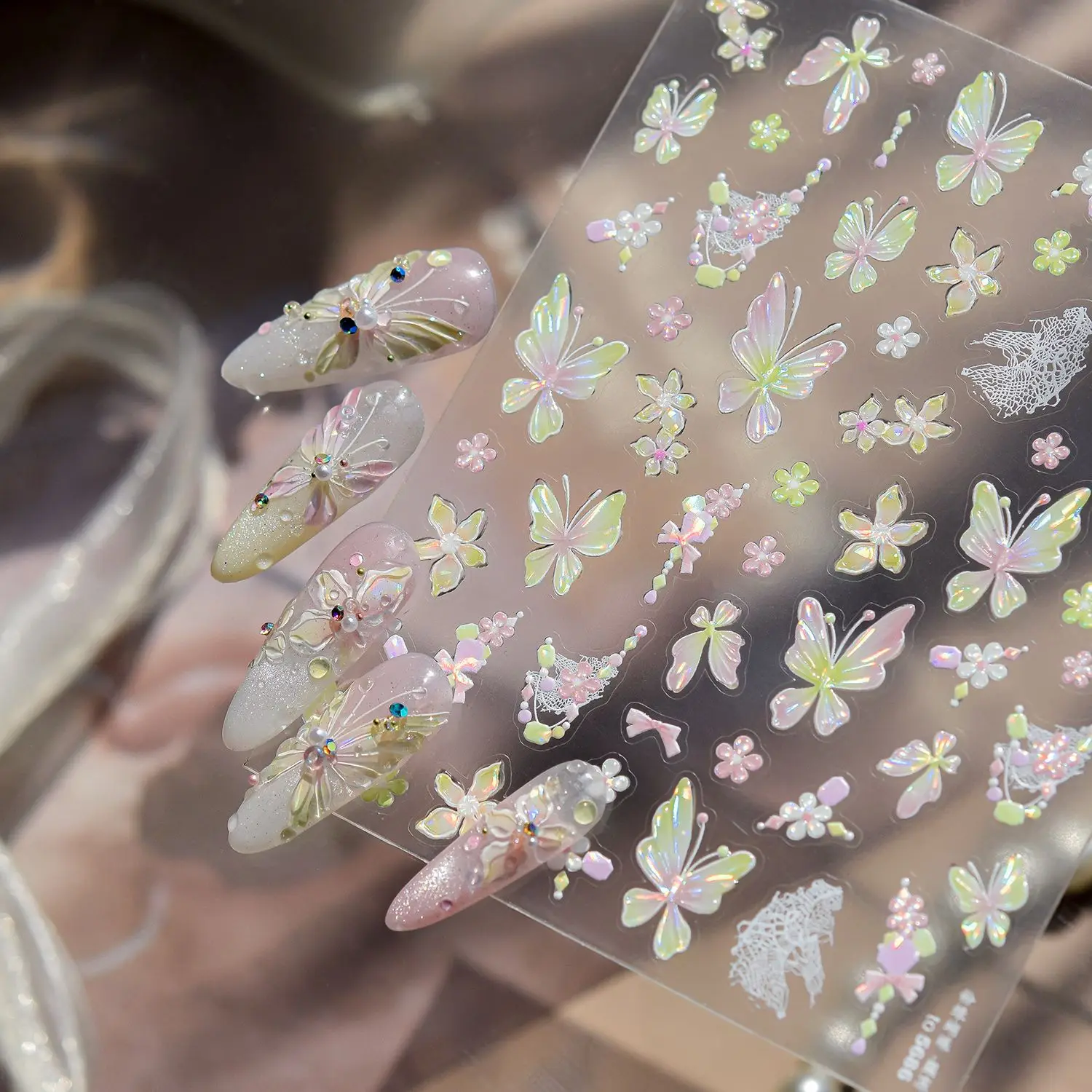1 Stück 5D Funkelnder Schmetterling Blumen Nagelaufkleber Jelly Farbverlauf Rosa Grün Schmetterling Nagelkunst Aufkleber Selbstklebend Maniküre Deko