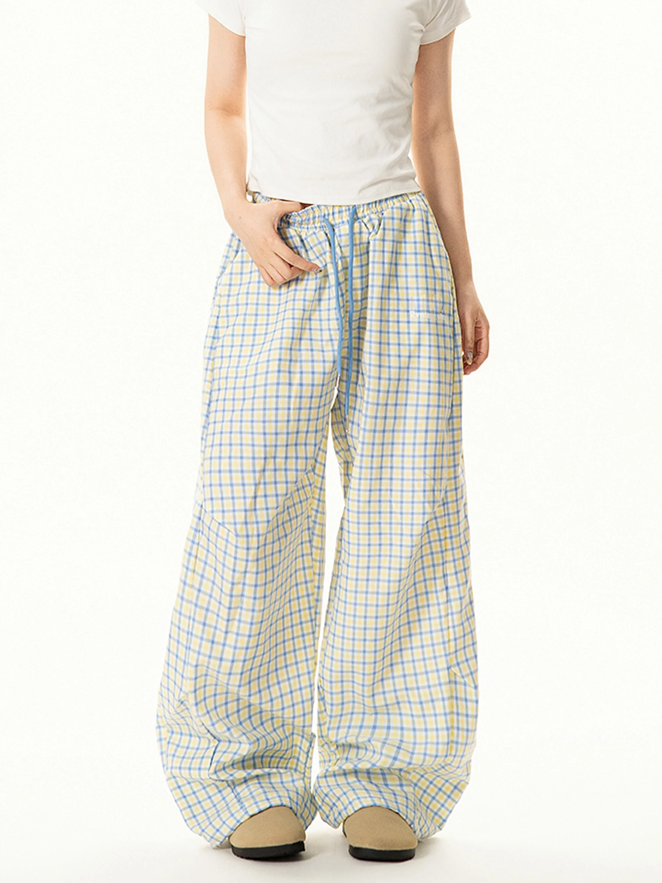 

Американские ретро-брюки в клетку с принтом, женские модные свободные брюки с широкими штанинами, длинные брюки с высокой талией из хлопка и полиэстера