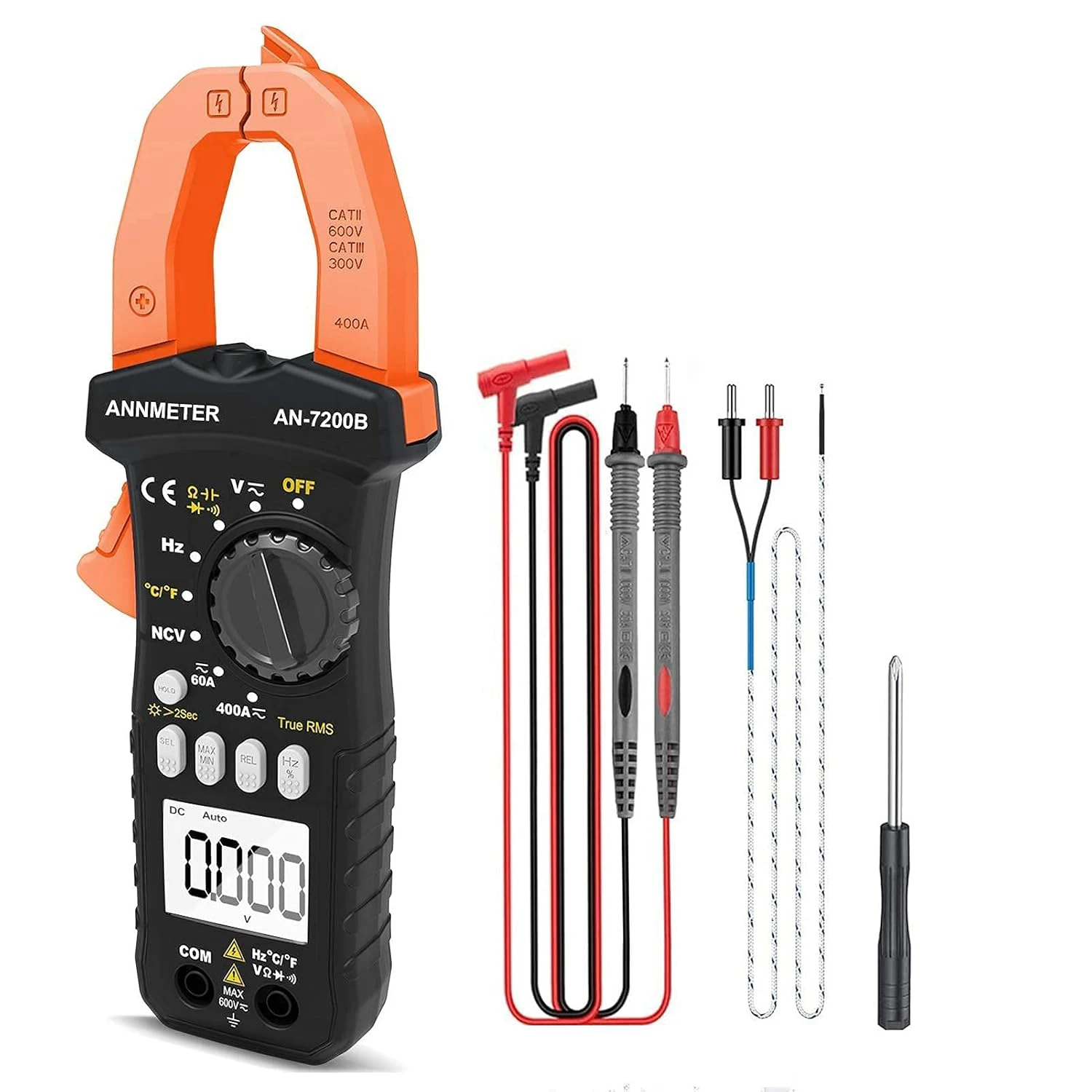 

AI-7200B Digital Clamp Meter, TRMS 6000 Counts Multimeter NCV Tester for AC/DC Voltage Current Capacitance Temp Frequency Resist