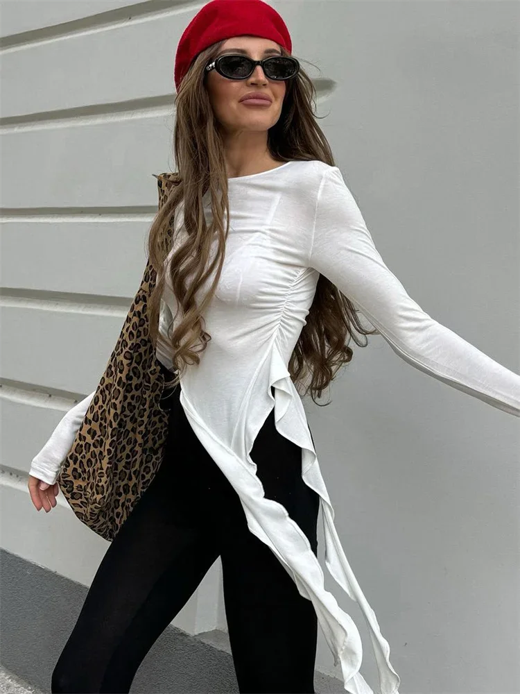 

Tossy White Knit Slim T-shirt Pullover Female Ruffled Patchwork See-Through Long Sleeve Y2k Sexy Inner Top Women's Knitwear Tee