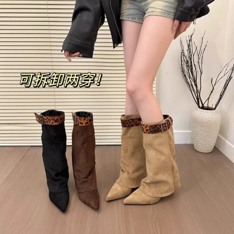 

2026 New Style Metal Buckle Women's Knee High Boots Pointed Toe Crude Heel Solid Color Female Long Boots Quality Ladies Shoes