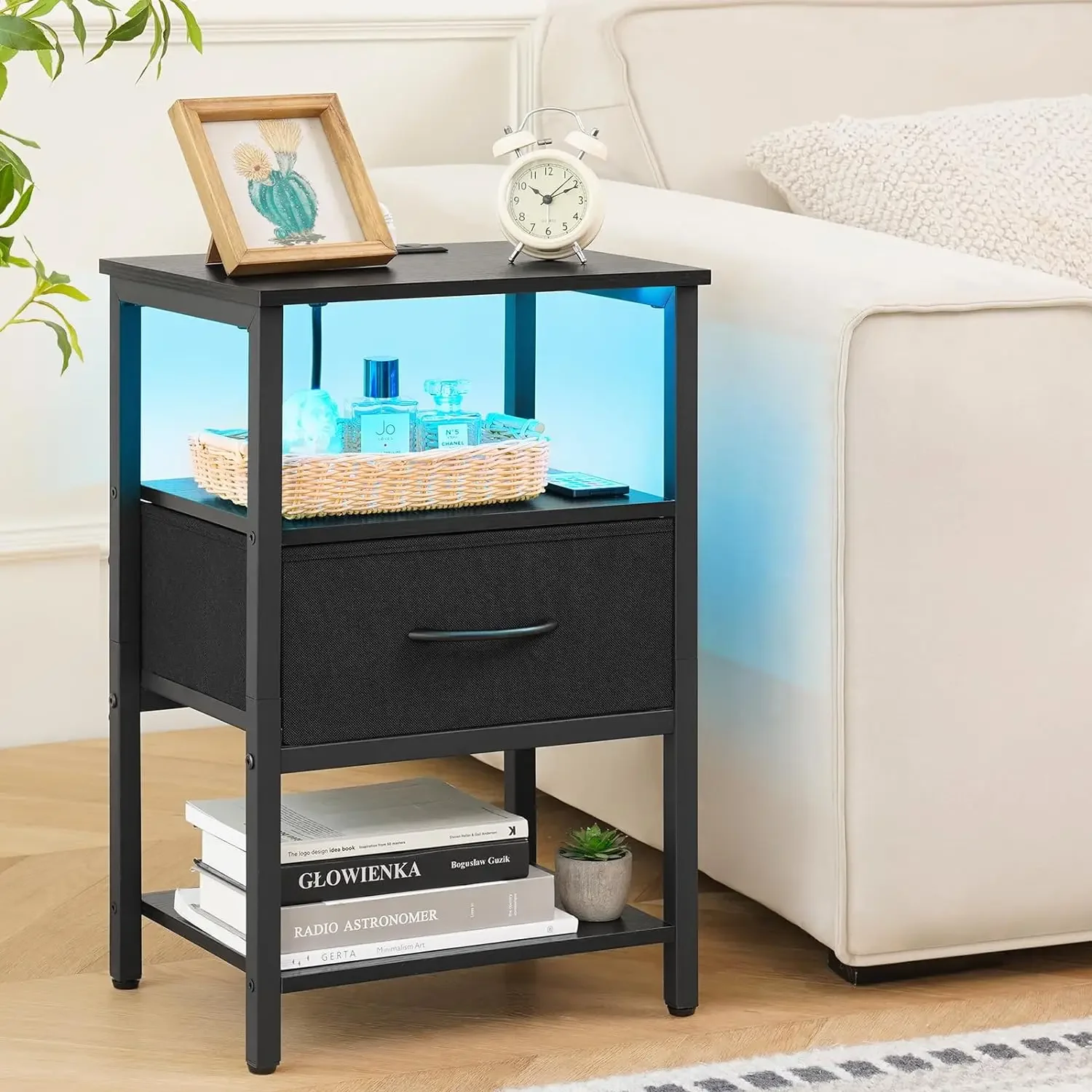 3-Tier Wood Side Table w/ Storage, LED Night Stand End Tables Living Room, Nightstand for Bedroom w/Adjustable Fabric Drawer