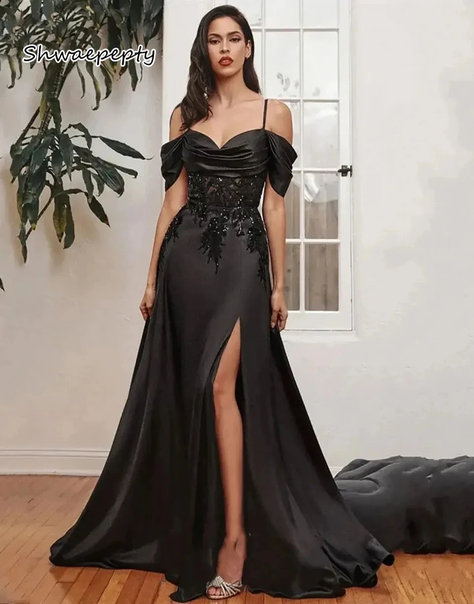 

Black Prom Dress Side Split Spaghetti Straps Off-Shoulder Long Party Evening Gown Women Formal Dresses Customized