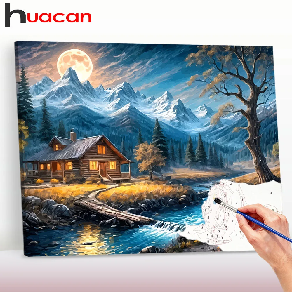 

Картина маслом по номерам Huacan: Пейзаж с луной, горами и домом, набор для рисования на холсте, ручная роспись, для декора дома ﻿ ﻿ ﻿