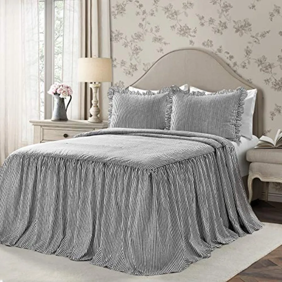 

Tic Stripe Bedspread Size 3 Pcs Set - Ruffle Bedding Set Bedspreads - Striped Bedding - Farmhouse and Coquette Decor