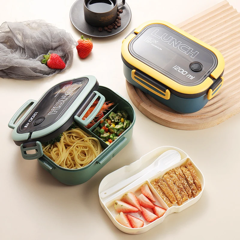 Portable Single Double-layer Lunch Box with Fork And Spoon - Compartment Fruit Food Container for Microwave And Picnic Freshness