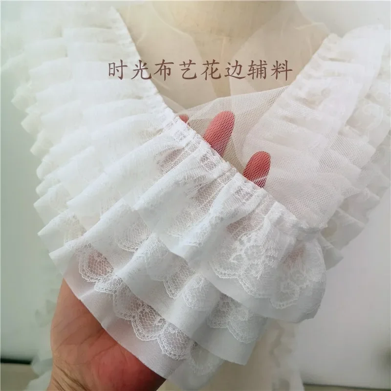 Pleated Mesh Chiffon Fabric with Three Layers, Embroidered Ruffle Trim, DIY Dress Apparel, Collar Sewing Decor, 11cm Wide