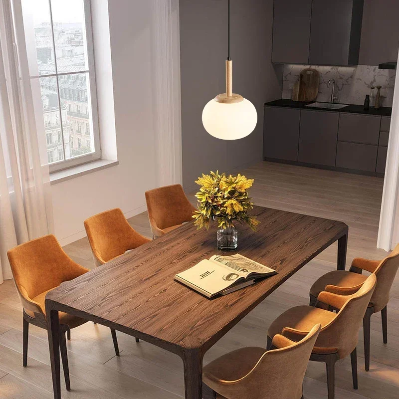 Nordic LED Pendant Light Wood Glass Pendant Designer Art Living Dining Room Milk White Round Sphere Study Office Hotel Lamps