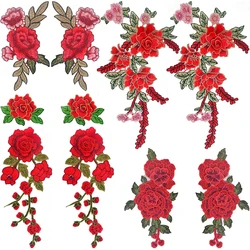 Red Flower Embroidery Patch Sew On Appliques Fabric for Wedding Dress DIY Decor