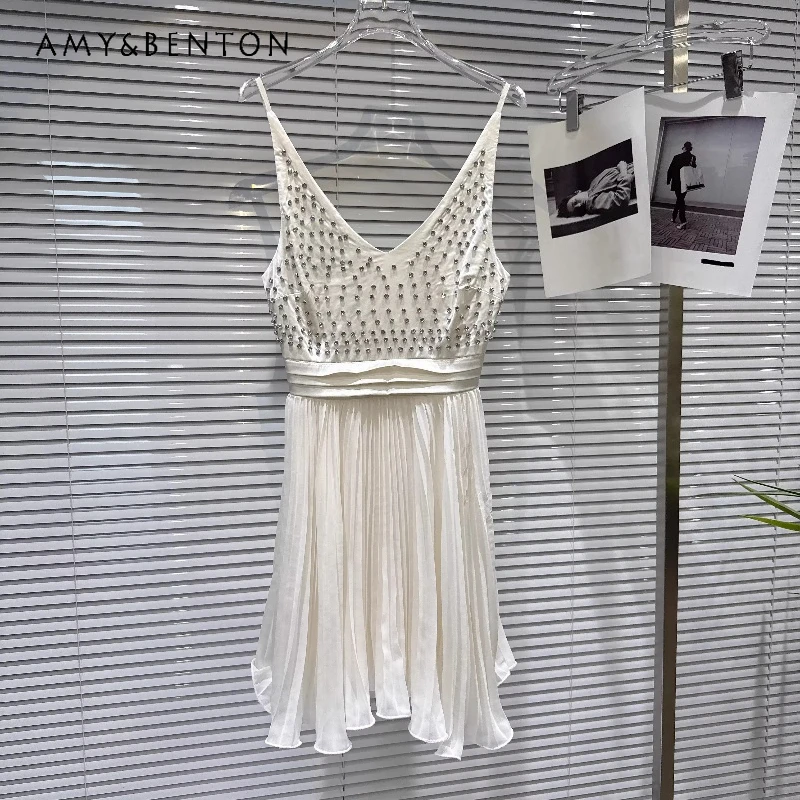 

French Sexy Deep V-neck Rhinestone Beads Waist Heavy Industry Women's Sling Dress 2026 Summer New Apricot Short Dresses Ladies