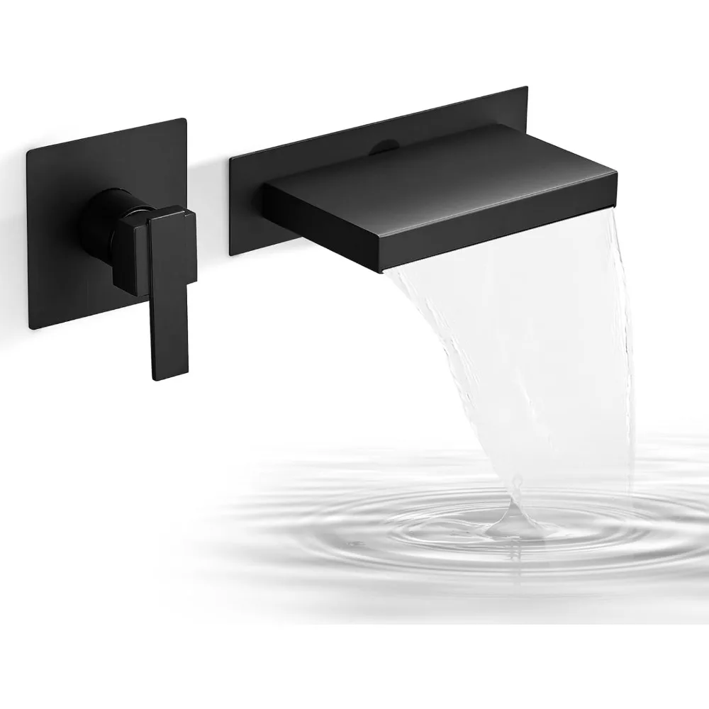 

Solid Brass Matte Black Single Lever Wall Mount Bathtub Faucet with Waterfall Feature and Rough-In Valve