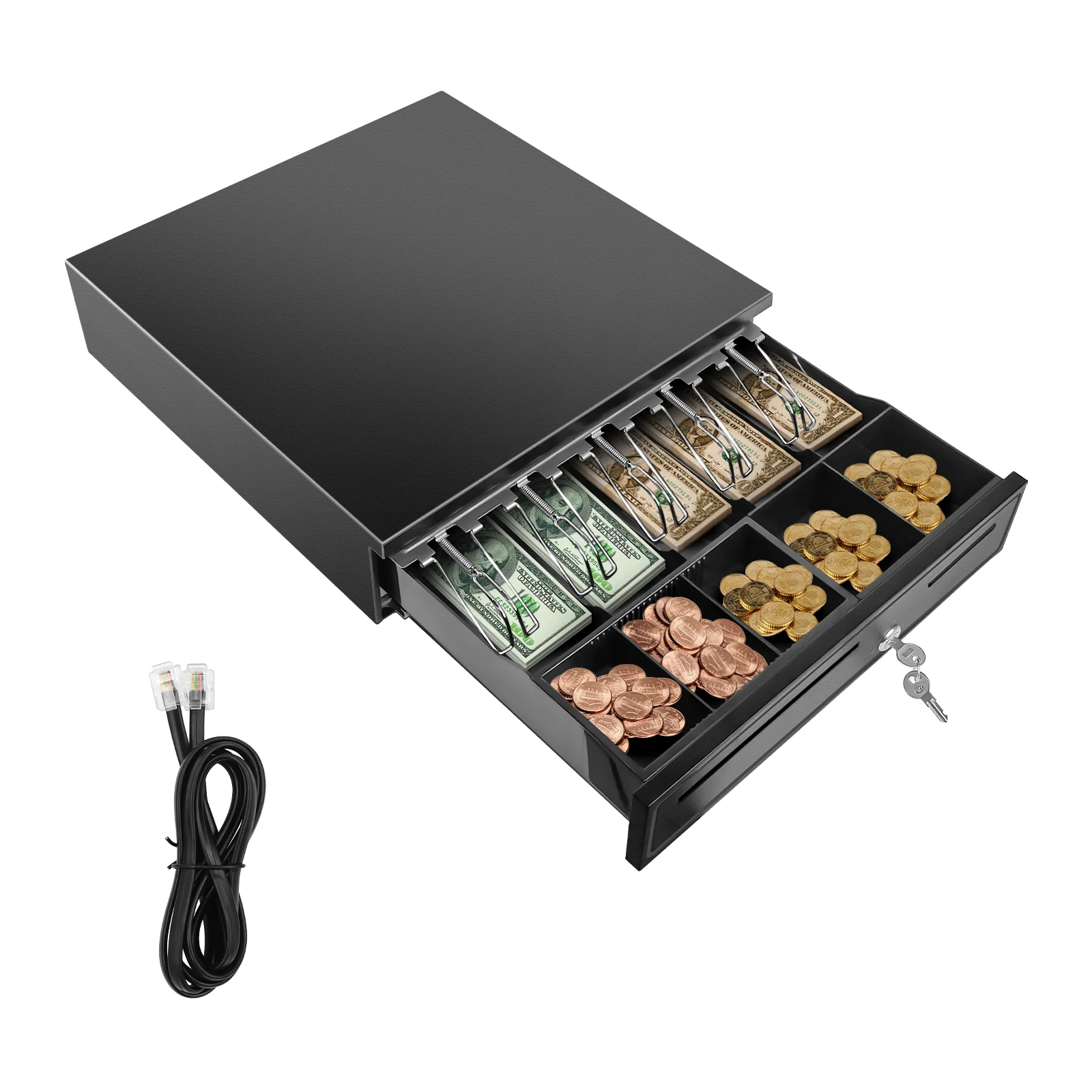 Tiroir d'argent avec 5 plateaux amovibles pour pièces de monnaie, tiroir pour caisse enregistreuse, ouverture manuelle automatique, RJ11, réglable et amovible