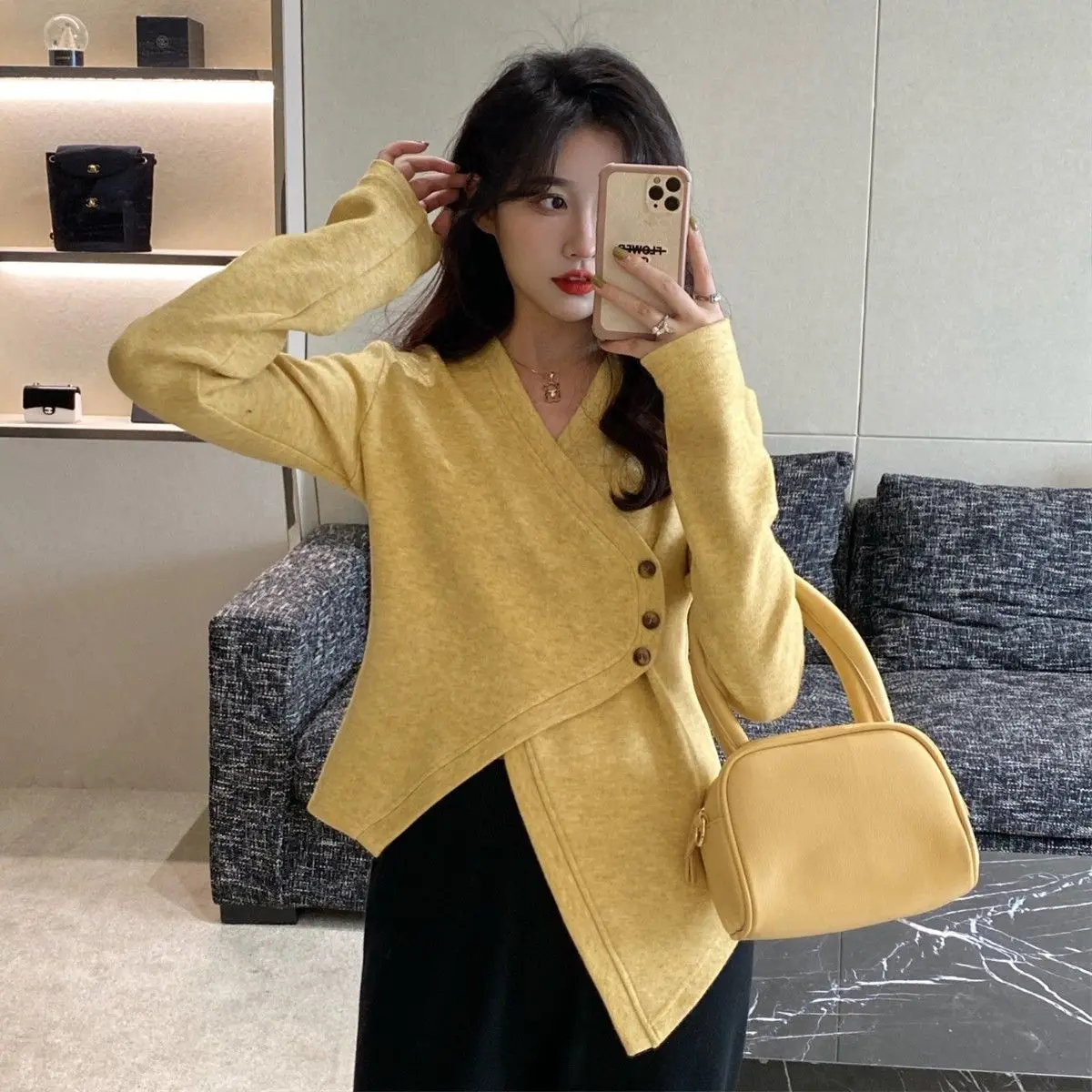 

Irregular Diagonal Button Cross Long-Sleeved Top Women Chic Versatile Korean Style Design Bottoming Shirt