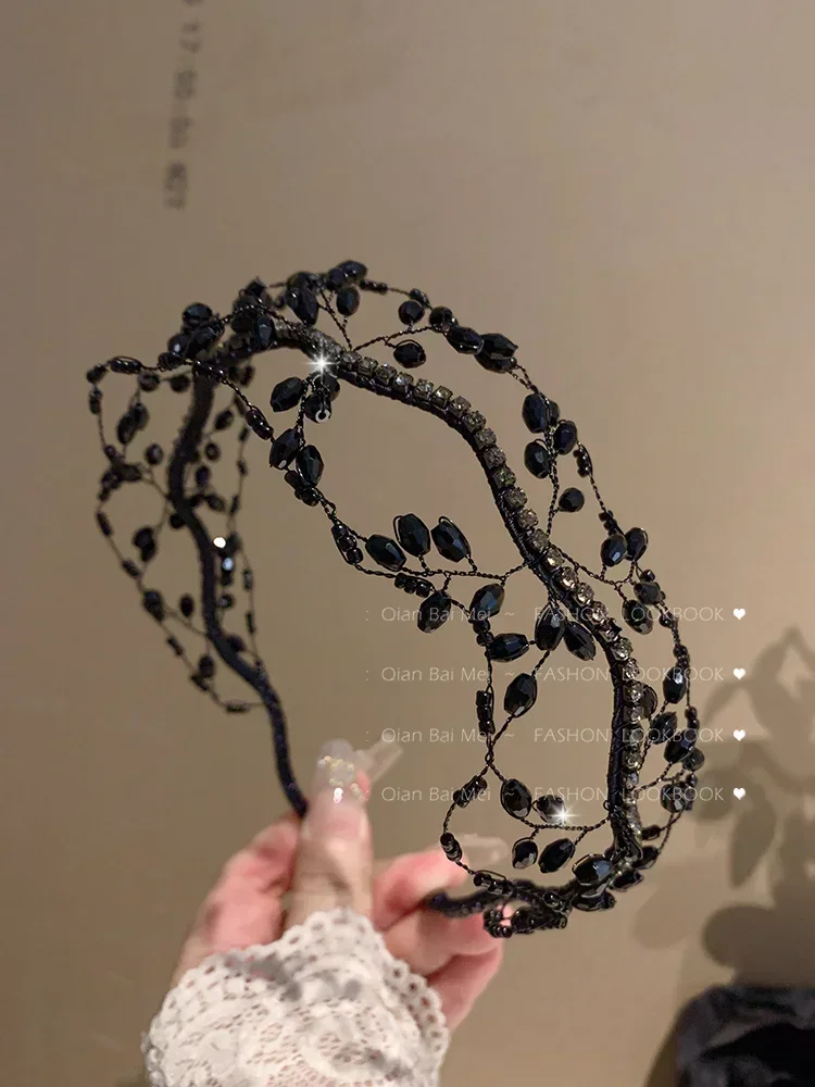 High sense elegant crystal branch headband black temperament fashion headband