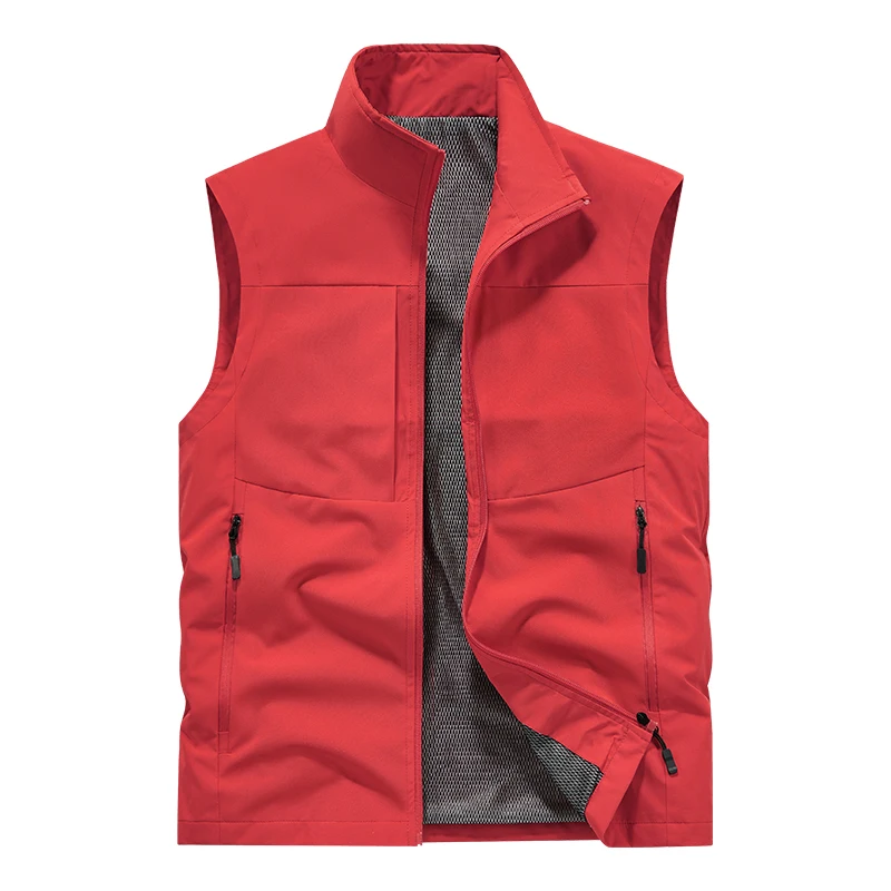 Plus Size Men Breathable Mesh Lined Sleeveless Vest Full‑Zip Stand Collar Multi Zipper Pockets Windproof Outdoor Working Hiking