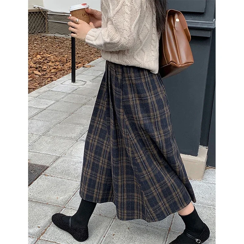 MEXZT Vintage Plaid Midi Skirts Women Harajuku Woolen A Ine Skirt Winter Ladies Streetwear Korean High Waist Casual Faldas New