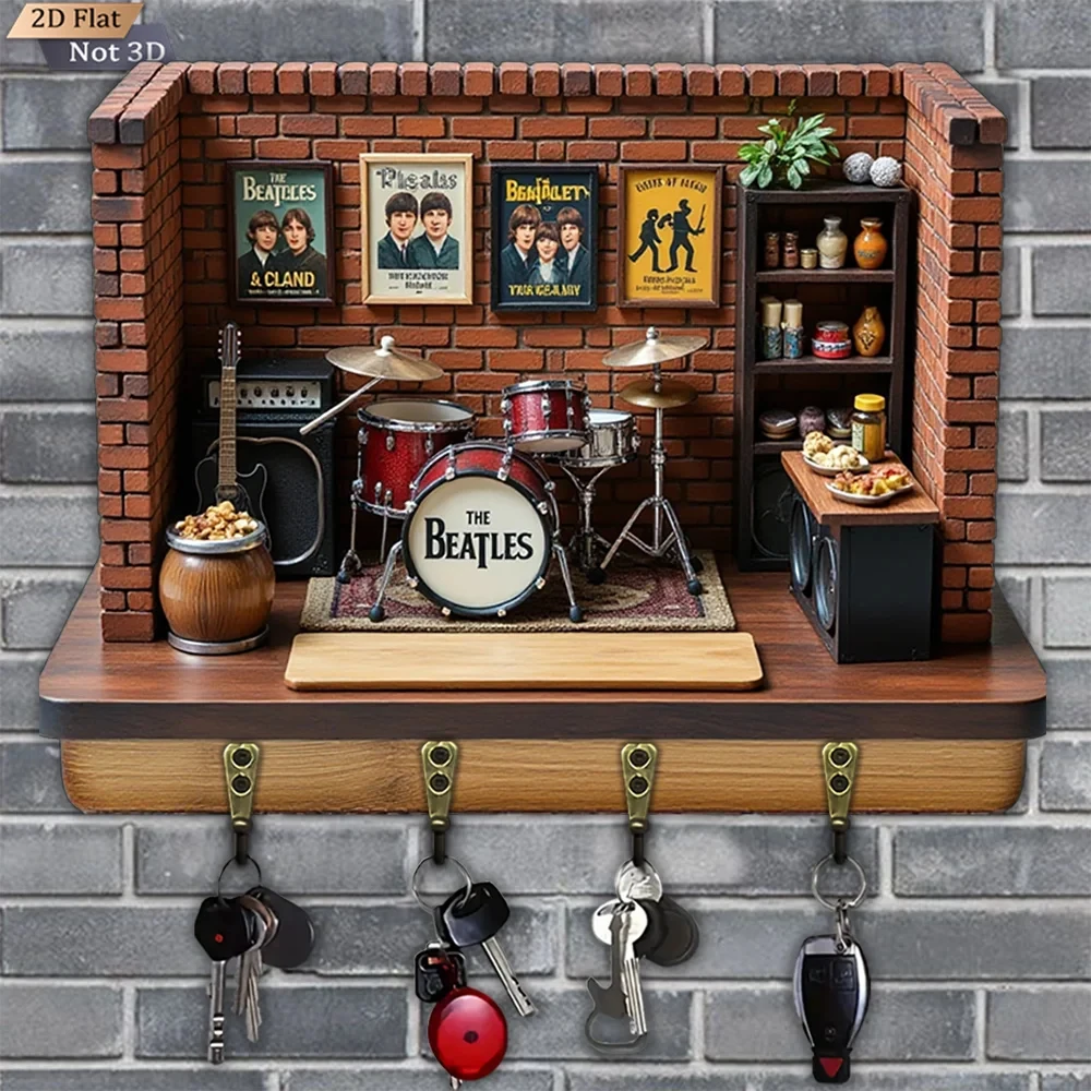2D-Flach, 1 Stück, Schlüsselhaken im Retro-Rock-Stil, multifunktionaler Schlüsselhaken aus Holz für Zuhause, mit vier Metallhaken, Wanddekoration – Detail 4