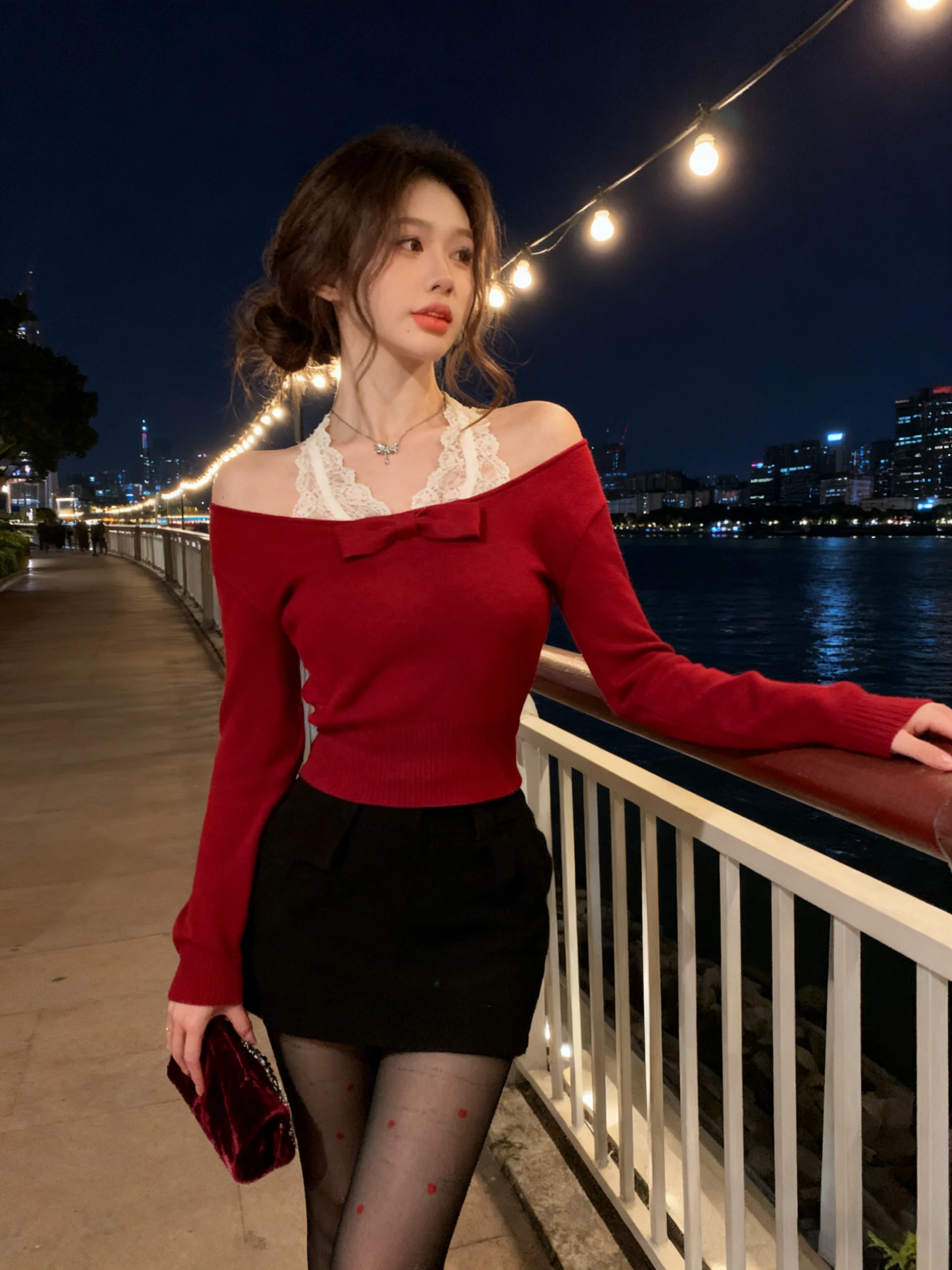 

Red Lace Knot Neline Knitted Sweater Women's Slim Fit Base Layer Top Casual Sle Long Sve Winter Faion