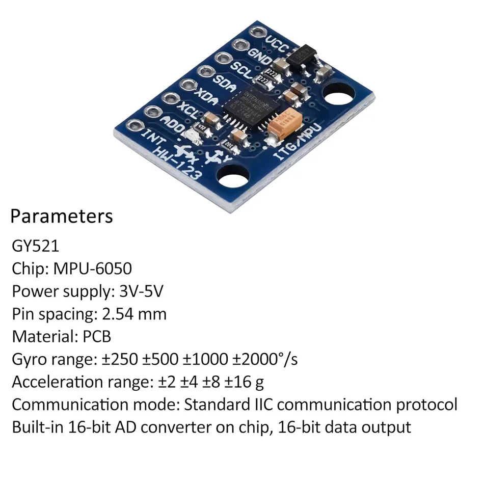 GY-521 MPU6050 6DOF 3-Achsen-Gyroskop + 3-Achsen-Beschleunigungssensor-Modul mit I2C-Schnittstelle für Arduino ESP32 STM32 Raspberry Pi – Detail 8
