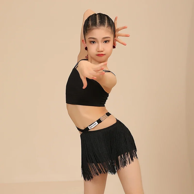 Tops Kwastje Korte Kwastje Rok Pak Cha Cha Oefenkleding 2025, Nieuw Kind Latin Danskostuum Set voor Meisjes Zomer Zwarte Band