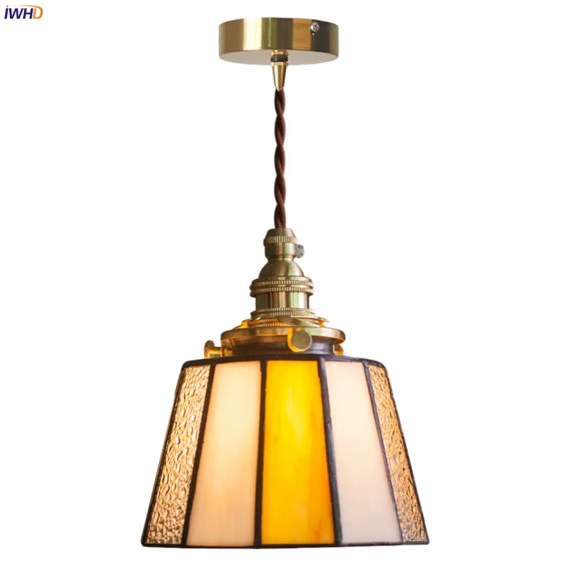 

IWHD Small Vintage LED Pendant Lights Fixtures Cafe Restaurant Loft Bedroom Living Room Kitchen Tiffany Brass Glass Hanging Lamp