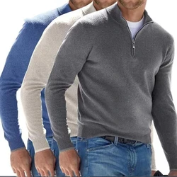 Sudadera cálida con media cremallera para hombre, suéter informal ajustado con cuello en V, jersey de manga larga, Top de invierno, Color sólido, otoño