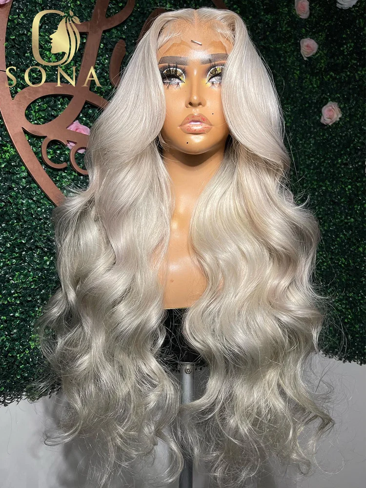 Colored Platinum Ash Blonde White 13X6 Transparent Lace Front Wig Grey Blonde 60# 13X6 Lace Frontal Wig Human Hair For Women