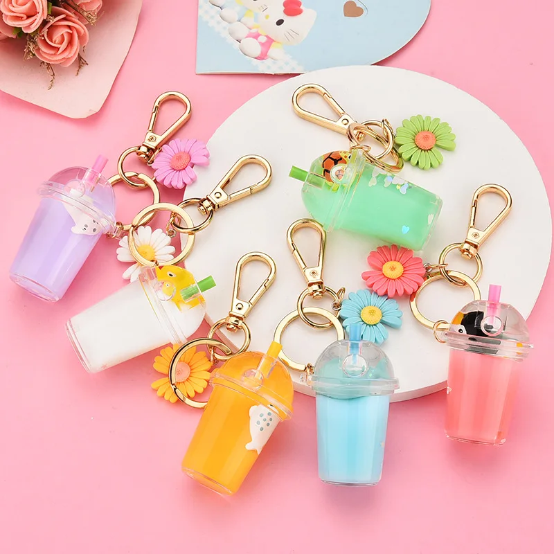Creative Acrylic Milk Bottle Tortoise Penguin Keychain Simulation Cup Liquid Quicksand Key Chain Women Couple Bag Charm Keyring