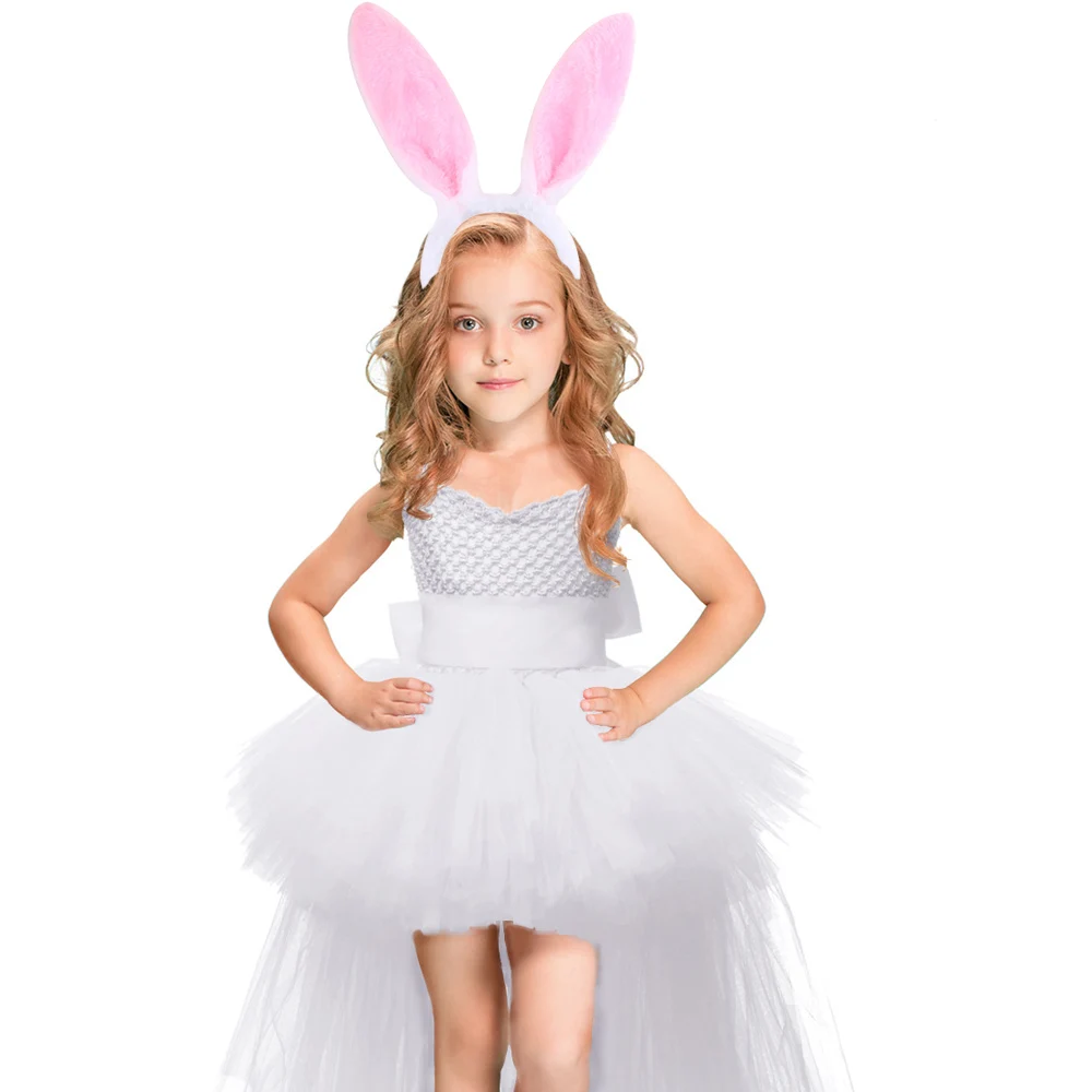 New Easter Bunny Tutu Dress for Girls Rabbit Cosplay Costumes Toddler Birthday Party Gift Tulle Outfit Holiday Long Tail Clothes