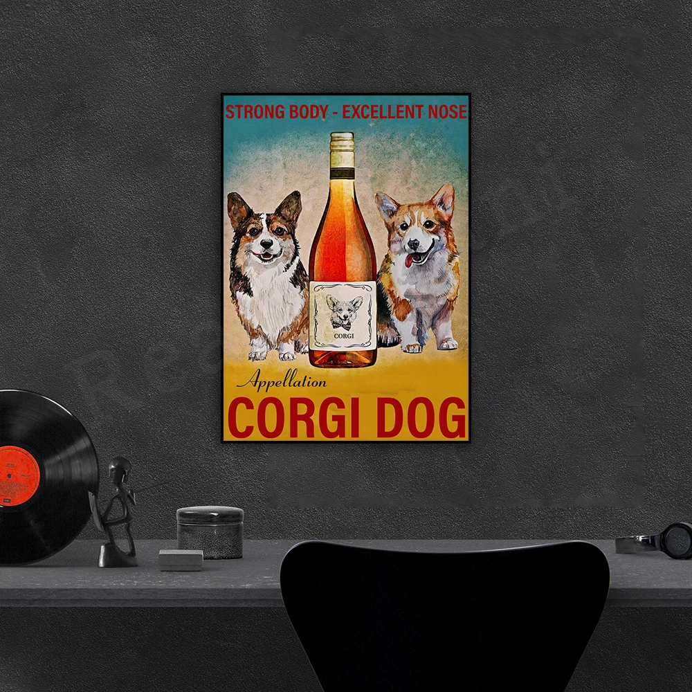 Corgi Prints, Animal Wall Art Gifts, Dog Lovers Alcohol Addicts Decor Canvas Print Posters