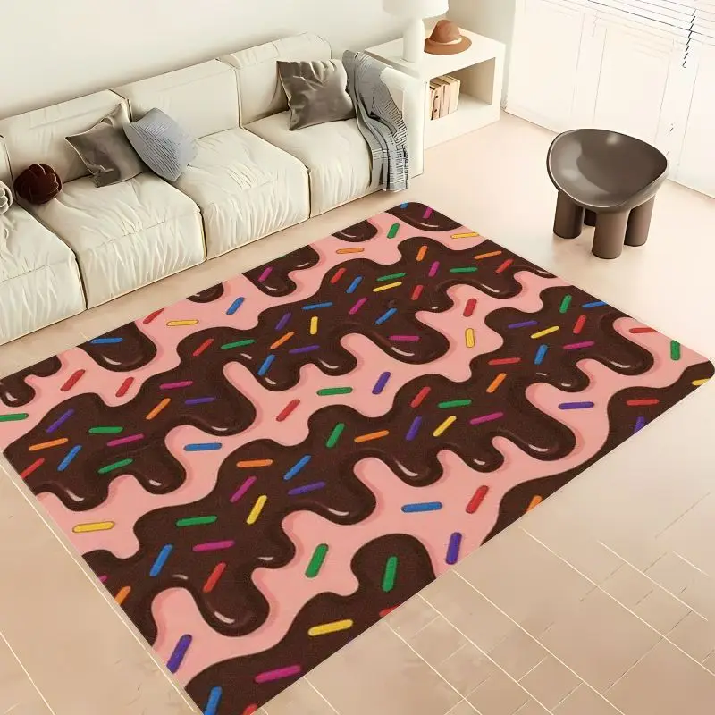 2D Flat Pink Donut Chocolate Glaze Rainbow Sprinkles Sweet Flannel Door Mat Non Slip Dessert Food Rug For Entryway Kitchen Floor