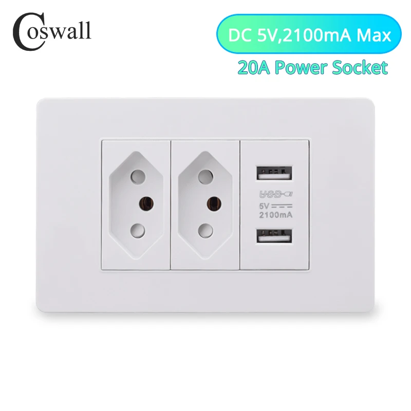 Coswall 118*72mm weiß PC-Panel Brasilien Standard 20a Wand steckdose pd 3.0 20w Typ-C Dual-USB-Schnell lades teckdose