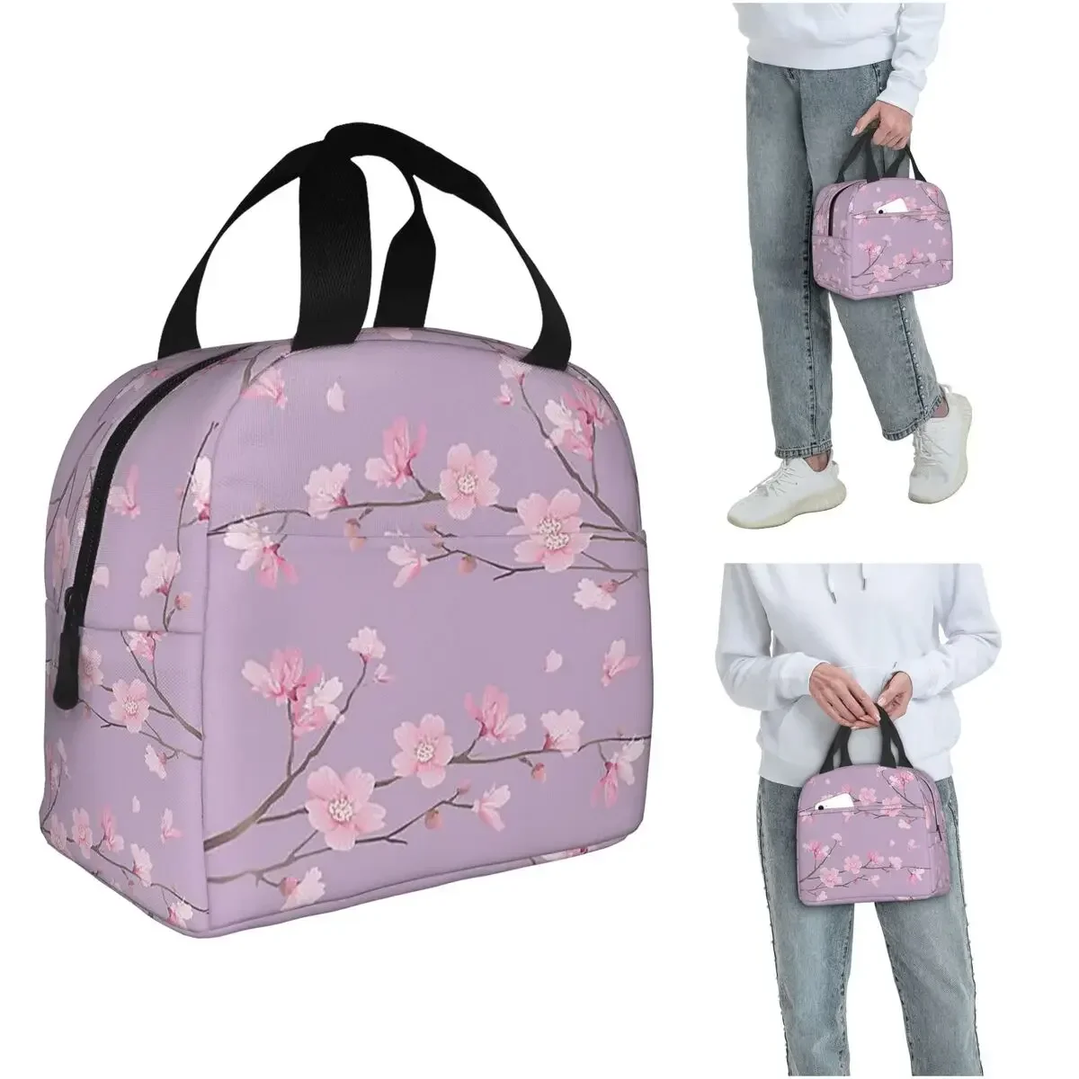 Cherry Blossom Flower Plant - Pastel Purple Insulated Lunch Bag for Women Kids Portable Food Boxes Thermal Lunch Box Tote