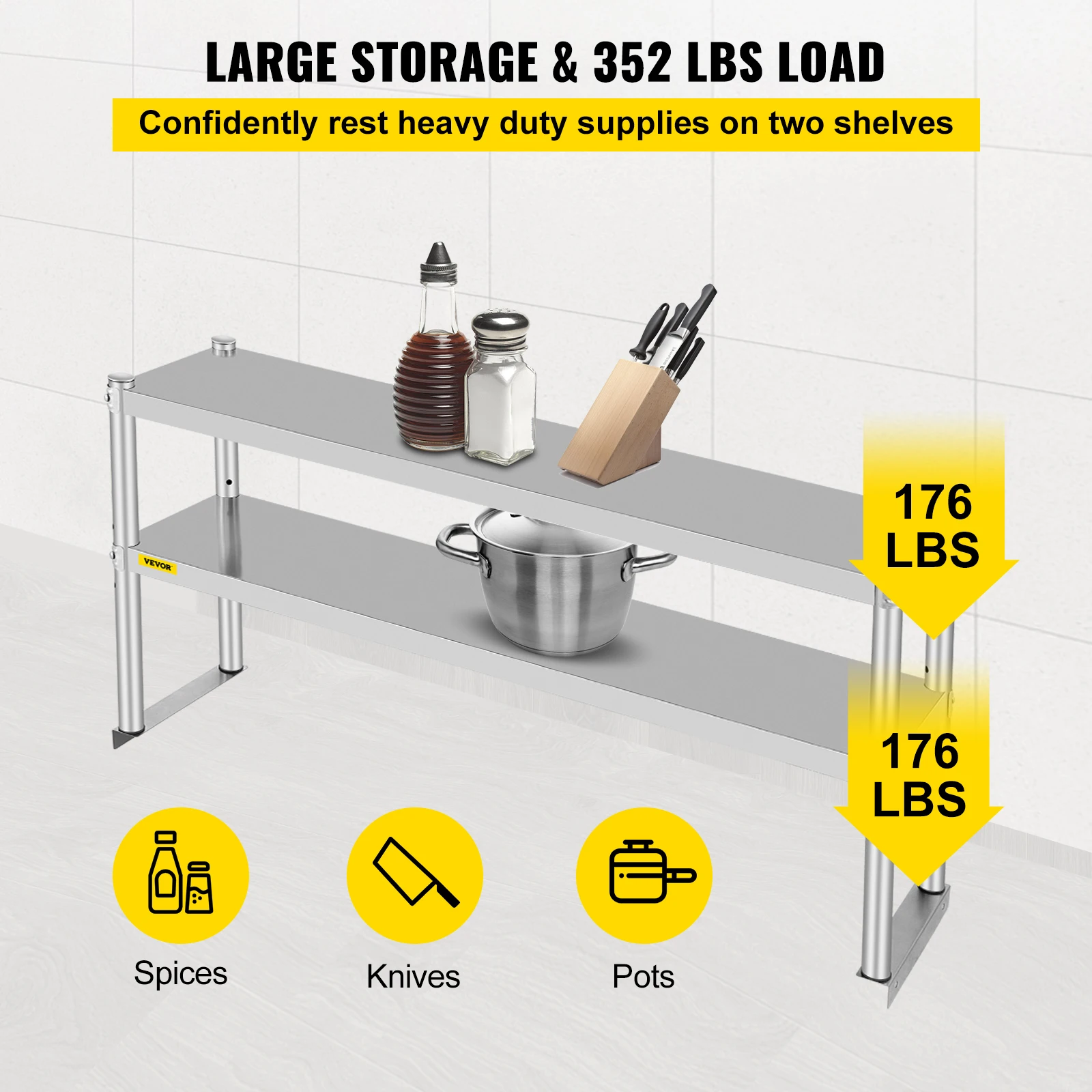 VEVOR Stainless Steel Kitchen Work Table Professional 7 Types Double Overshelf Adjustable Lower Shelf Use for Home Commercial