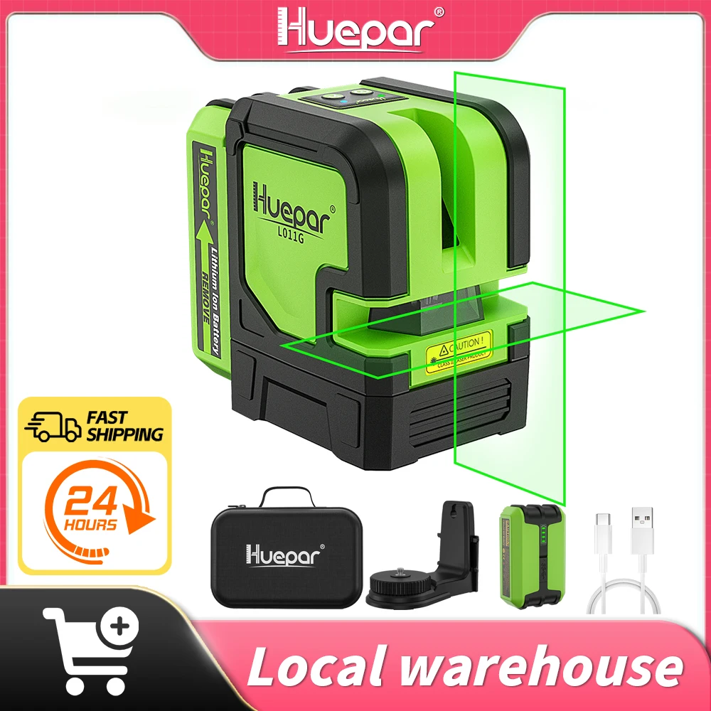 Huepar L011G 2 Lines laser Level with Lithium battery Self-leveling Cross Line Laser Level Osram Diode Green Beam Laser Tool