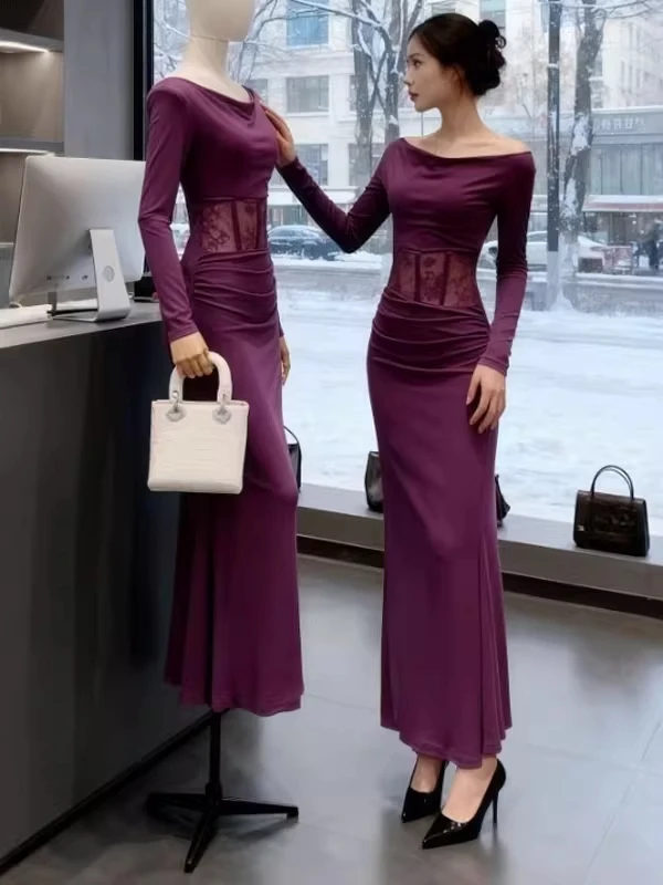 

Pure Desire Long Sve One oulder Fibone Dr Women's Autumn Winter Hollow out Splicing Design Bodycon Fi Tail Long D...