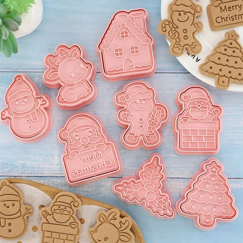 1-4Sets Christmas Cookie Cutters 3D Fondant Press Molds Biscuit Cutting Tools Baking Molds for Holiday Cookies Cakes Home