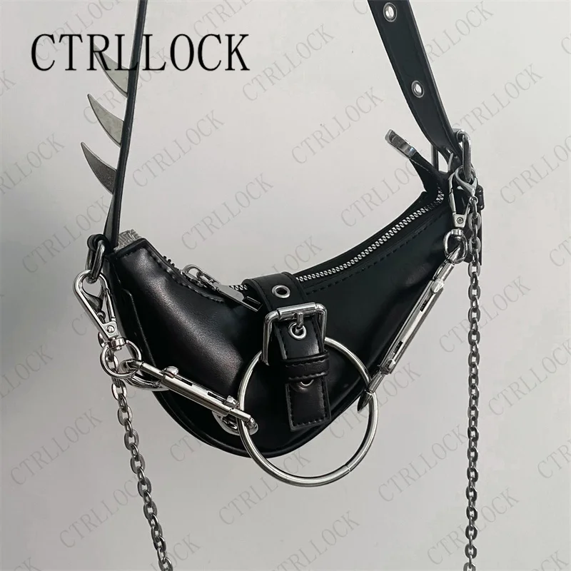 CTRLLOCK Punk Gothic pierścień torebka na ramię z nitami crossbody Techwear klamry Rock iskry pod pachami Mini torba