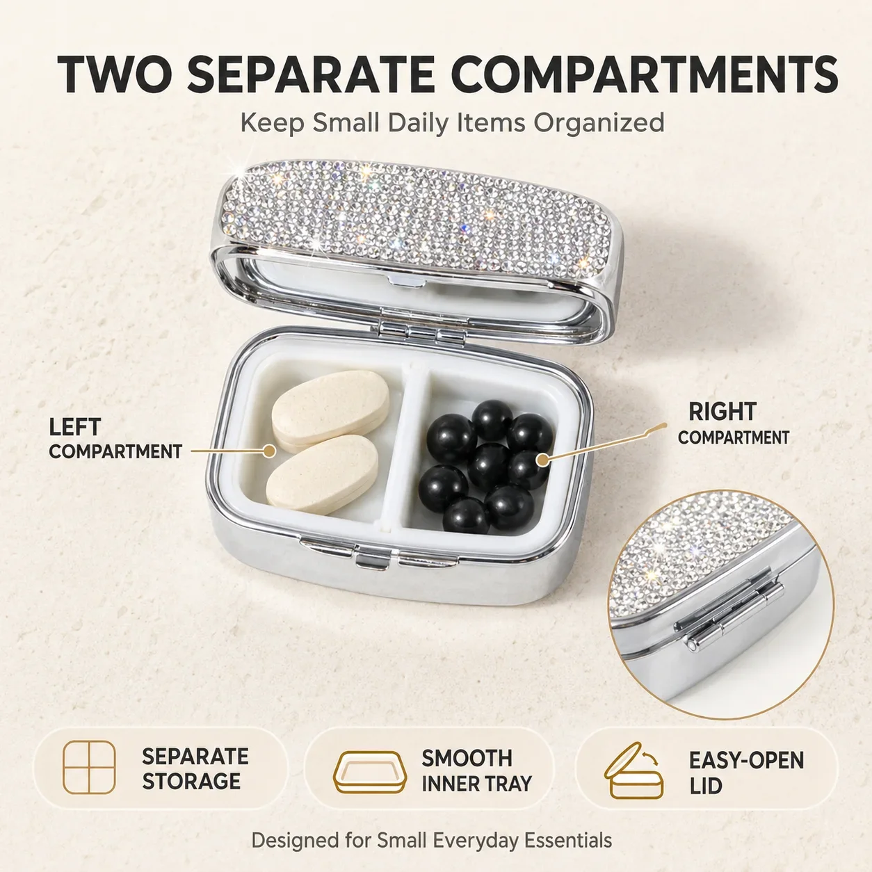 Bling Rhinestone Pill Box for Women Luxury Metal Mini Portable with Mirror 2 Compartments Med Organizer Purse Pocket