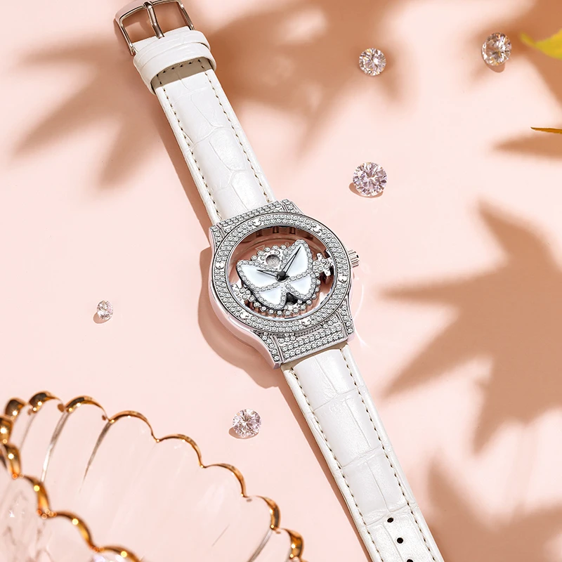 ROMITIME Watches for Woman Butterfly Motif Rotating Dial Calfskin Strap Quartz Waterproof Fashion Ladies' Wristwatch for Gifts