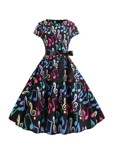 Vestido con estampado de notas musicales para mujer, vestidos de fiesta vintage informales con vuelo retro, manga corta de verano de los años 50 y 60