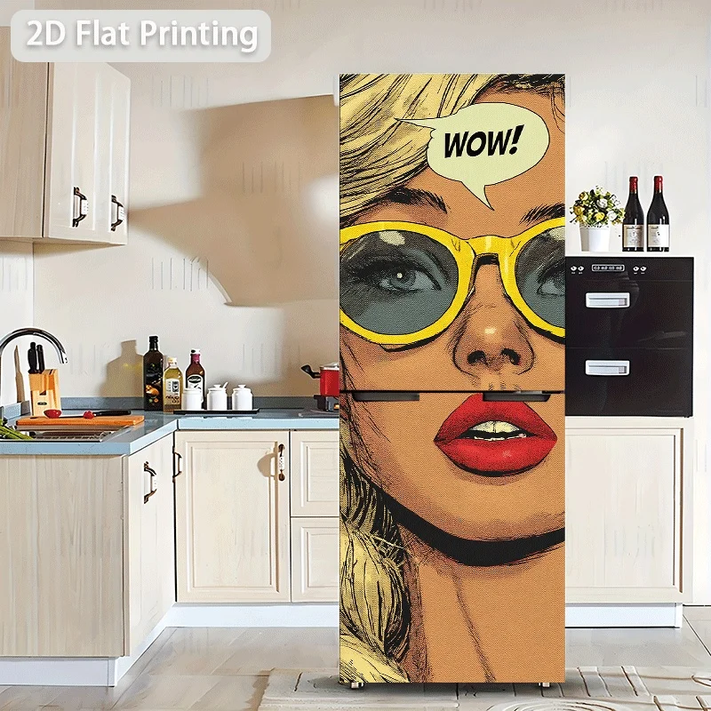 Refrigerator Sticker, Woman with Red Lips, Blonde Hair, and Yellow-Framed Fashion Glasses Exclaiming, Themed Scene Wall Decal,